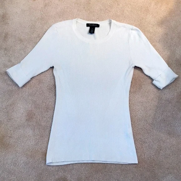 WHBM White crew neck short sleeve light. sweater with cute sleeve cuffs. Sz XS - Picture 1 of 6